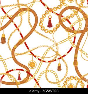 Leather belt and chain print. Straps with buckles, golden chains, belts and tassels seamless pattern. Chic clothing accessory vector fabric Stock Vector