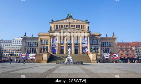 BERLIN, GERMANY, FEBRUARY - 13, 2017: The Konzerthaus building and the memorial of Friedrich Schiller Gendarmenmarkt square. Stock Photo