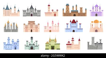 Medieval castles. Fairytale buildings, fortress and royal palaces. Flat ancient gothic architecture with towers. Cartoon castle vector set Stock Vector