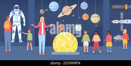 Planetarium excursion. Adults and kids characters in astronomy gallery. School trip to space museum. Flat cosmos exhibition vector concept Stock Vector