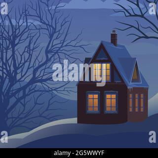 Rural small house in winter. Landscape. Trees. Christmas night. Quiet winter evening. The gable roof is covered with snow. Nice and cozy suburban Stock Vector