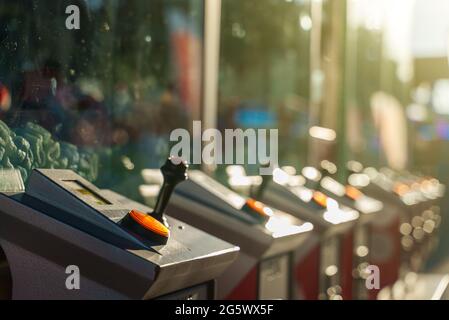 Mechanical claw game machine. Close-up view. Stock Photo