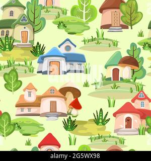 Village of gnomes. Seamless pattern. Fabulous landscape with houses and trees. Huge mushrooms. Cartoon style. Cute picture background for children Stock Vector