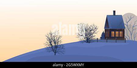 Rural small house in winter. Landscape. Christmas night. Quiet winter evening. The gable roof is covered with snow. Nice and cozy suburban village Stock Vector