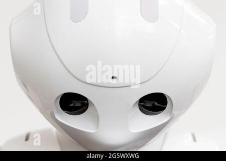 Pepper robot, looking down and sad at the Softbank Store Omotesando in Tokyo.On Jun 28th, the Softbank company announced job cuts in its global robotics business and has stopped production of its Pepper robot announced in 2014. Stock Photo