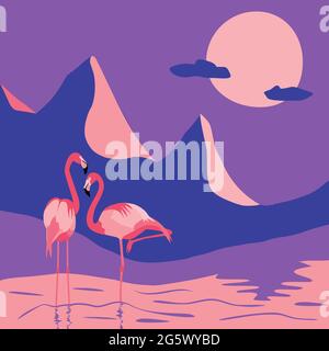 flamingo birds couple in the night abstract landscape vector illustration Stock Vector