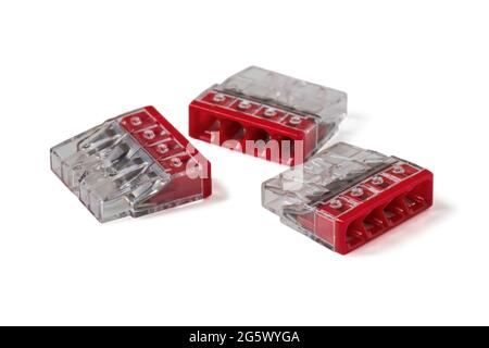 Pin connectors for connecting electrical wires isolated on white background Stock Photo