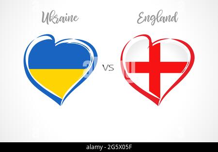 Ukraine vs England, flag emblems. National team soccer icons on blue background. Ukrainian and English national flag in heart. Vector illustration Stock Vector
