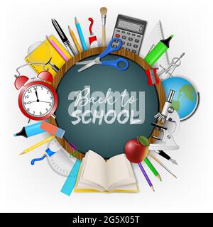 Back to school banner with realistic school supplies on chalkboard background Stock Vector