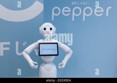June 13, 2014, Omotesando, Japan: Softbank's emotional consumer Robot, Pepper on display at the Softbank Store Omotesando in Tokyo..On Jun 28th, the Softbank company announced job cuts in its global robotics business and has stopped production of its Pepper robot announced in 2014. (Credit Image: © Damon Coulter/SOPA Images via ZUMA Wire) Stock Photo