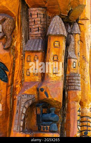 Detail of a wooden monument in St. Goarshausen at the Loreley, Upper Middle Rhine Valley, UNESCO World Heritage Region, Rhineland-Palatinate, Germany Stock Photo