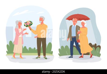 Cartoon retired pensioner lover characters sitting together on sea beach, walking in rain isolated on white. Dating of happy elderly loving couple Stock Vector