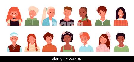 Cartoon diverse cute face portraits of boy girl, child user characters isolated on white. Profile avatars for social media or blog account, school Stock Vector