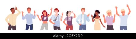 People greeting and waving hand vector illustration set. Cartoon diverse happy young man woman characters smiling and standing with welcome gesture