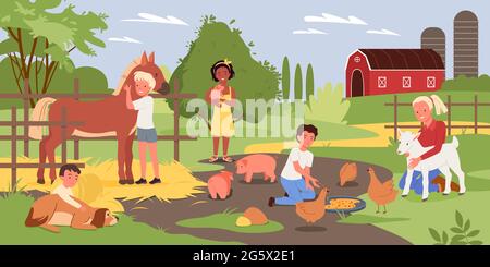 Cartoon boy girl child characters holding cute piggy, hugging dog, standing next to horse and feeding chickens with food background. Children in Stock Vector