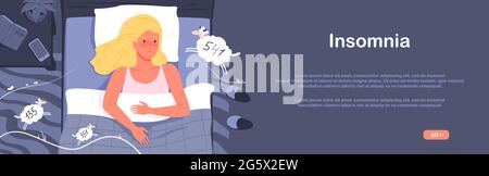 Unhappy girl with insomnia lying in bed at night, sleepless nightmare, sleeping disorder Stock Vector