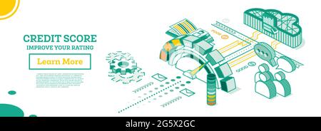 Isometric Personal Credit Score or Rating Concept. Credit Score Calculated in Computer's Cloud. Vector Illustration. Avatars with Speech Bubbles. Stock Vector