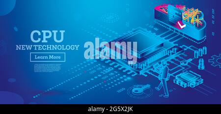 Futuristic Isometric Cpu with Neon Lines on Blue Background. Computer Technology. Vector Illustration. Big Data Processing and Data Transfer. Cloud. Stock Vector