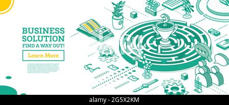 Isometric Maze. Outline Labyrinth. Business Solution. Vector Illustration. Cup inside of Center of Maze. Search Way Out. Problem Solving. Stock Vector