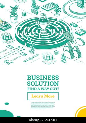 Isometric Maze. Outline Labyrinth. Business Solution. Vector Illustration. Cup inside of Center of Maze. Search Way Out. Problem Solving. Stock Vector