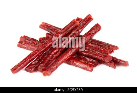 Dry salmon sticks isolated on white background. Dried fish snacks for beer. Stock Photo