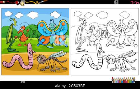 Cartoon illustration of insects and bugs animal characters group coloring book page Stock Vector