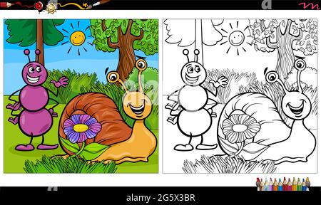 Cartoon illustration of ant and snail animal characters group coloring book page Stock Vector