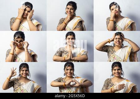Collage of multiple images of an Indian female in saree with many facial expressions or emotions on white background Stock Photo
