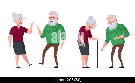 Elderly couple healthy and sick comparison. Active cheerful healthy old people and sick sad tired senior aged pensioners. Bearded man in sweater and woman with cane. Gray hair retired grandparents eps Stock Vector