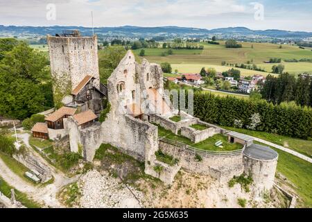 Aerial view of medieval castle ruin near Sulzberg, Allgau , Bavaria, Germany Stock Photo