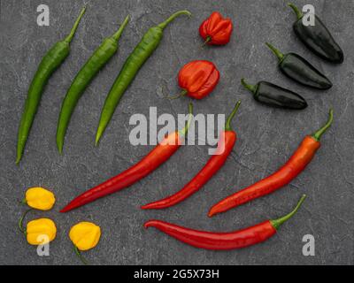 Plan view of assorted chilli peppers on grey background. Stock Photo