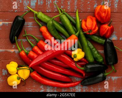 Plan view of assorted chilli peppers on a brown and blue  wooden background. Stock Photo