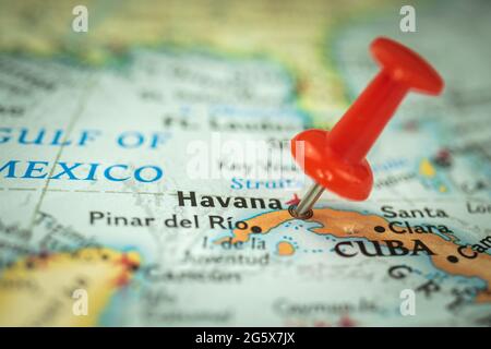 Location Havana city in Cuba, red push pin on the travel map, marker and point closeup, tourism and trip concept, North America Stock Photo