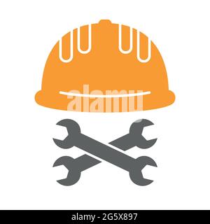 Construction site symbol with helmet and crossed wrench for repair or maintenance vector illustration icon Stock Vector