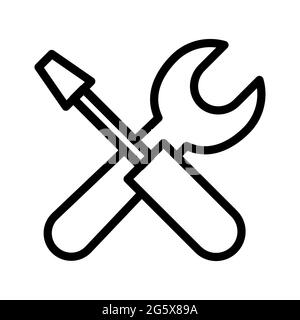 Wrench and screwdriver tools outline symbol for mechanic repair and maintenance vector line art icon Stock Vector