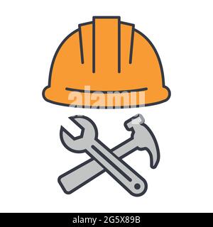 Construction site symbol with helmet and crossed wrench and hammer for repair or maintenance vector illustration icon Stock Vector