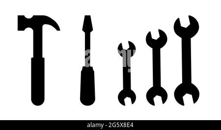 Wrench hammer screwdriver flat black toolbox tools vector illustration icons Stock Vector