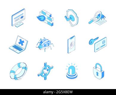 Data protection - modern line isometric icons set. Data protection, antivirus idea. Password entering, firewall, virus scanner, software bag, biometri Stock Vector