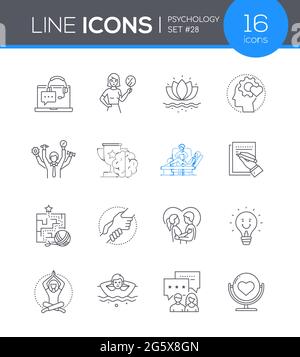 Psychology and therapy - line design style icons set. Mental health, well-being idea. Self-acceptance, emotional intelligence, stress relief, narrativ Stock Vector
