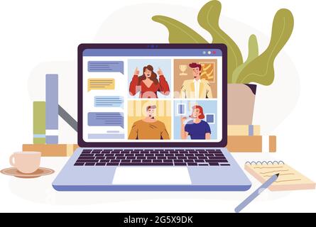 Video conference remote working flat illustration. Screen laptop with group of colleagues, people connecting together. Online communication with teleconference. Virtual meeting, work from home concept Stock Vector
