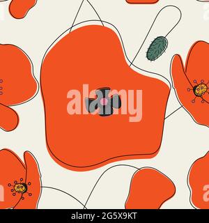 Seamless simple cute hand drawn pattern of large red poppies on light background.Endless floral ornament with wild flowers.Colourful backdrop Stock Vector