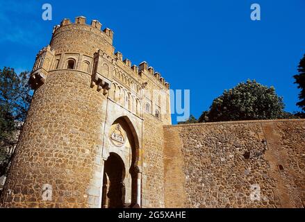 Spain, Castile-La Mancha, Toledo. View of the Puerta del Sol (Sun Gate), built in the 14th century by the Knights Hospitaller. Stock Photo