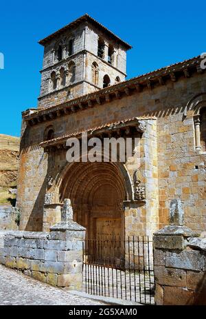 Spain, Cantabria, Cervatos. Collegiate Church of San Pedro de Cervatos. Built in 1129 on the site of an old monastery, in Cantabrian Romanesque style. The tower was built in 1199. Stock Photo