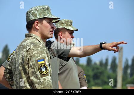 MYKOLAIV, UKRAINE - JUNE 30, 2021 - Ukrainian soldiers are pictured at the Kulbakyne aerodrome during the Exercise Sea Breeze 2021, Mykolaiv, southern Ukraine. Stock Photo