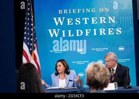 United States Vice President Kamala Harris delivers remarks on the drought, heat, and wildfires in the Western United States during an event with state governors and Cabinet members in Washington, DC, on Wednesday, June 30, 2021. Governor Kate Brown (Democrat of Oregon) and Governor Gavin Newsom (Democrat of California) also spoke virtually about wildfires in their states. Looking on from right is US Secretary of Agriculture Tom Vilsack.Credit: Sarah Silbiger/Pool via CNP /MediaPunch Stock Photo