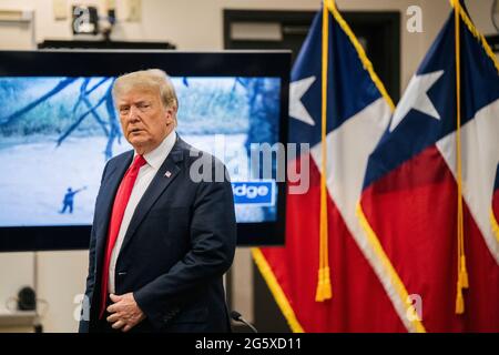 Weslaco Texas USA, June 30 2021: Former President Donald Trump arrives at a border security briefing to discuss plans to secure the southern border wall. Texas Gov. Greg Abbott has pledged to build a state-funded border wall between Texas and Mexico as a surge of mostly Central American immigrants crossing into the United States has challenged U.S. immigration agencies. So far in 2021, U.S. Border Patrol agents have apprehended more than 900,000 immigrants crossing into the United States on the southern border. (Brandon Bell/Getty Images) Credit: Bob Daemmrich/Alamy Live News Stock Photo
