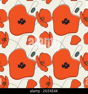 Seamless simple cute hand drawn pattern of large red poppies on light background.Endless floral ornament with wild flowers.Colourful backdrop Stock Vector