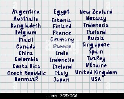 The names of the countries of the world. European cities. Hand letter Stock Vector