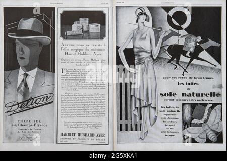 Vintage magazine pages with retro 20's style advertising. Art deco fashion Stock Photo