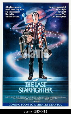 The Last Starfighter (1984) directed by Nick Castle and starring Lance Guest, Robert Preston, Kay E. Kuter and Catherine Mary Stewart. Aliens use an arcade to recruit the best pilots to protect their home world which is under attack. Stock Photo